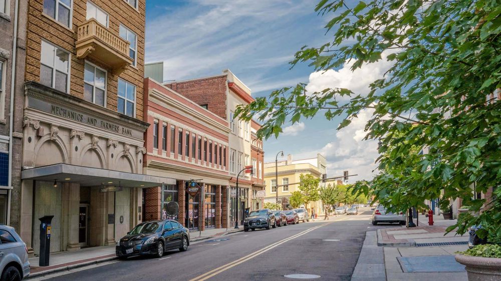 A view down Parrish Street marks historic Black Wall Street in Durham, NC.