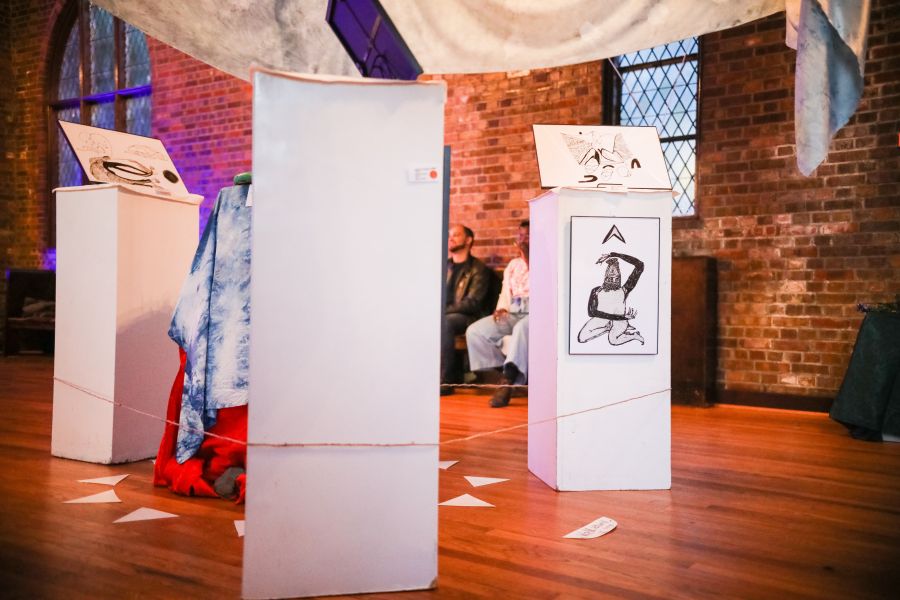 An art piece stands in the center of the frame at NorthStar Church of the Arts.