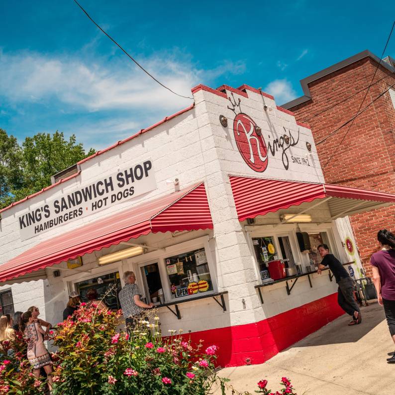 Customers line up to get tasty sandwiches at King's Sandwich Shop in Durham, NC.