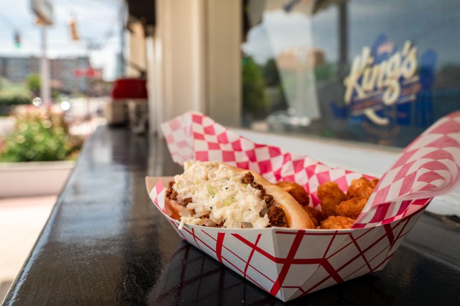A chili slaw hot dog and tots at King's Sandwich Shop in Durham, NC.