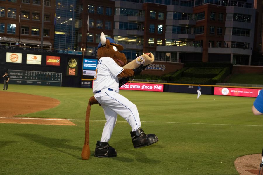 Wool E. Bull engages with fans as Durhamites enjoy an evening of food and fun at the Durham Bulls Athletic Park