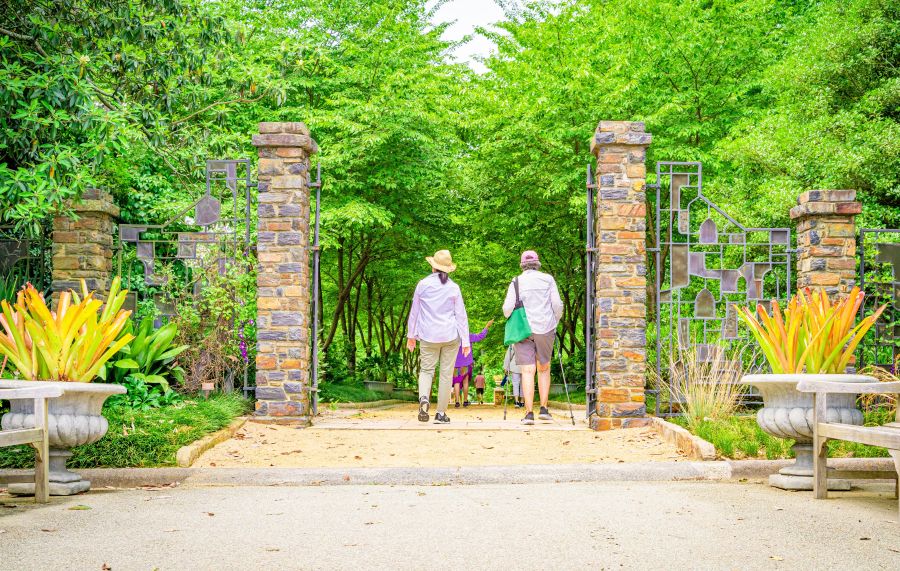 Elderly visitors stroll down Cherry Alleé at Sarah P. Duke Gardens in Durham.