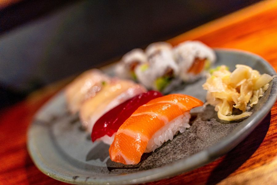 A colorful plate of sushi sits on the bar at M Sushi in Durham. NC.