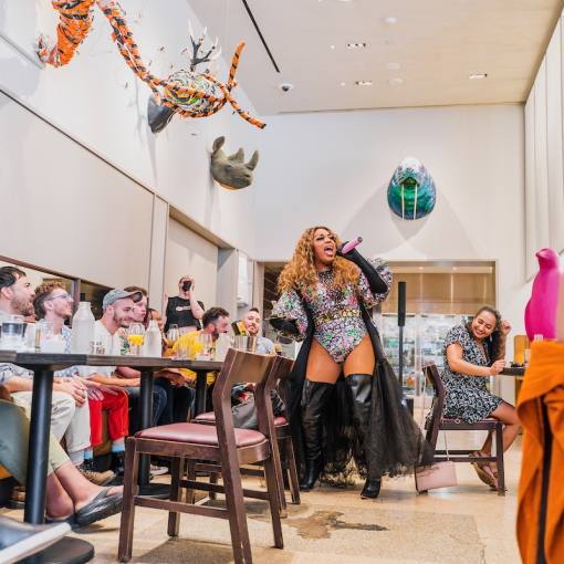 A member of House of Coxx performs at drag brunch.