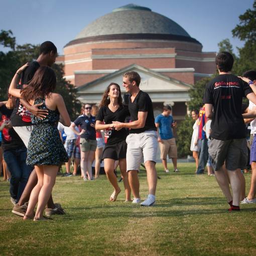 College students congregate in front of Baldwin Auditorium on Duke's East Campus.