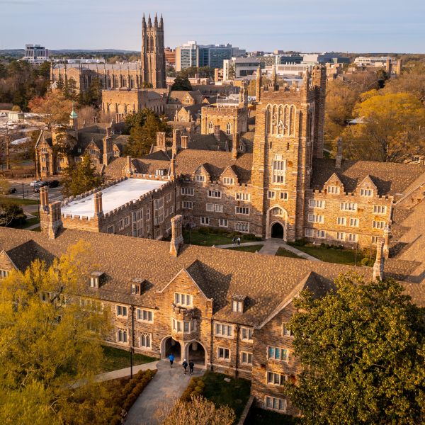 An areal view of Duke's campus accentuates it's beautiful architecture.