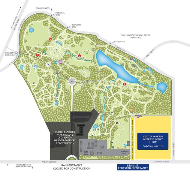 A map of Sarah P. Duke Gardens indicating how things will change during the Garden Gateway Renovations.