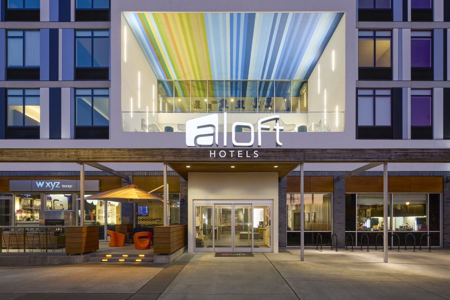 The exterior of Aloft Durham Downtown