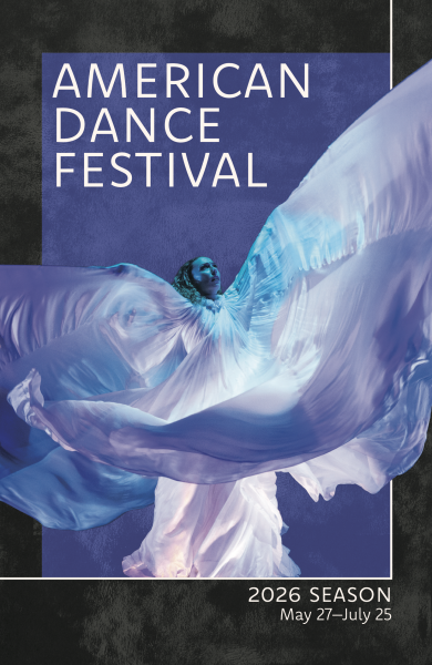The poster for the 2026 American Dance Festival features a still frame of a dancer in shades of blue and purple.