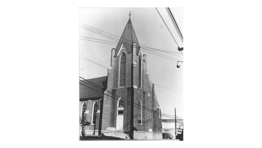 An old black and white photo shows the original St. Joseph Methodist Church in its early years.