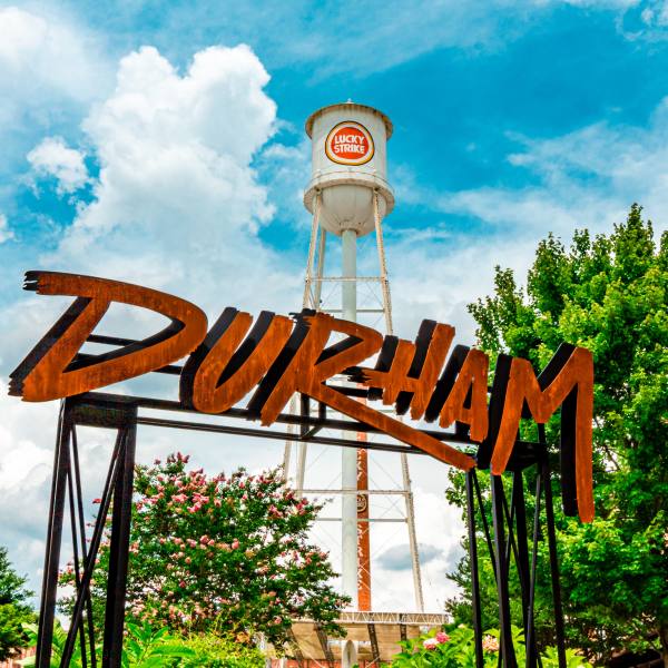 Sunlight brightens up the iconic Durham sign at American Tobacco Campus