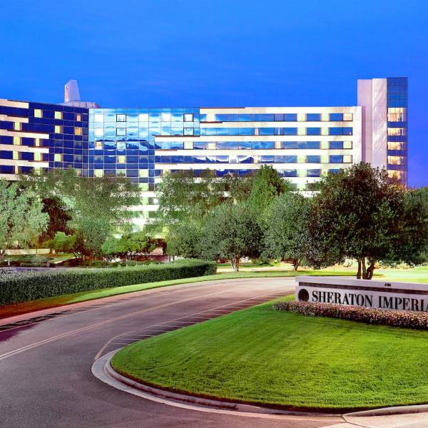 The front entrance of Durham's Sheraton Imperial Hotel near RDU International Airport and RTP.