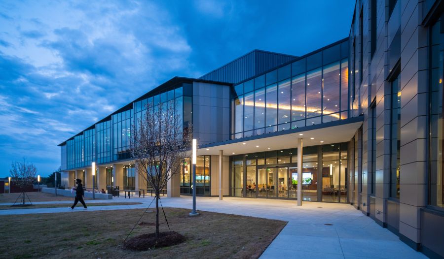 The NCCU Student Center lights up at dusk on campus.