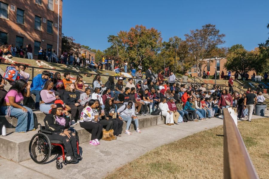 A crowd gathers in the library bowl to watch the Greek stroll-off during NCCU's homecoming, Oct 24, 2024.