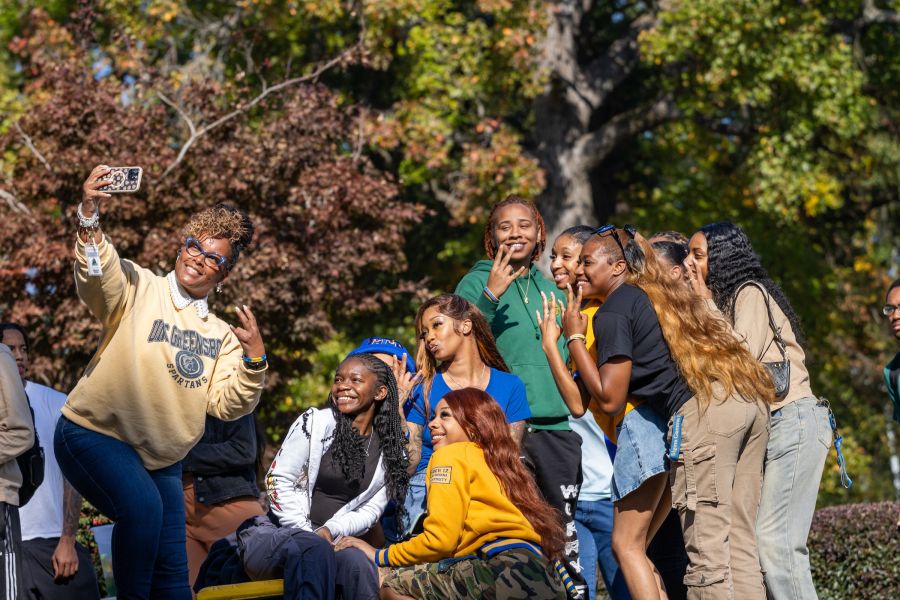 Greek students pose in the library bowl during NCCU's homecoming, Oct 24, 2024.