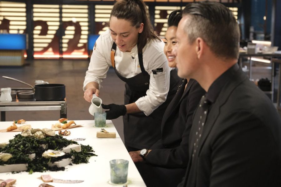 Durham Chef Savannah Miller serves the judges on the set of Top Chef Season 21.