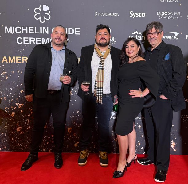 Chef Juan Camilo Espada O., Chef Oscar Diaz, Nelly Garcia, and Chef Douglas Rodriguez pose for a photo.