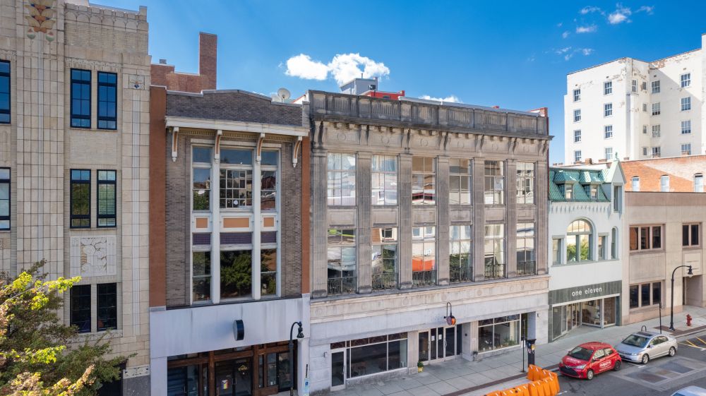 A row of buildings in Downtown Durham that contain the oldest standing building in downtown.