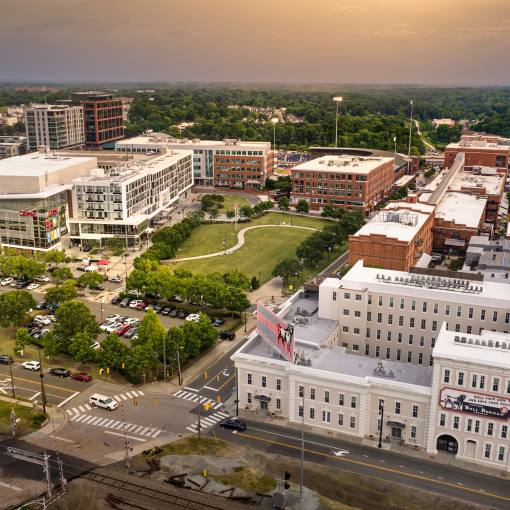 Dusk settles over the American Tobacco Campus in Durham, NC