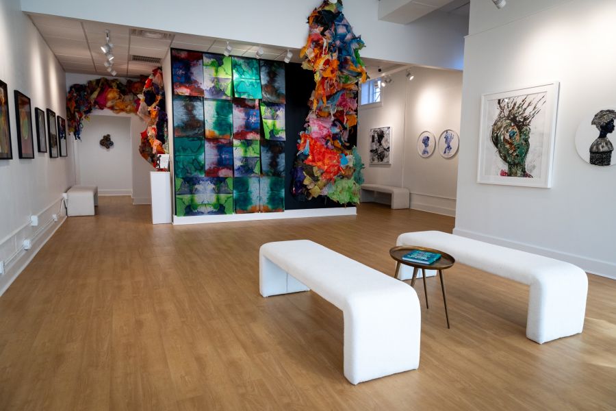 Art on the walls and hanging from the ceiling in a gallery. Art by Maya Freelon and Sachi Rome