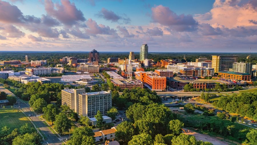 An aerial photo of downtown Durham, NC.