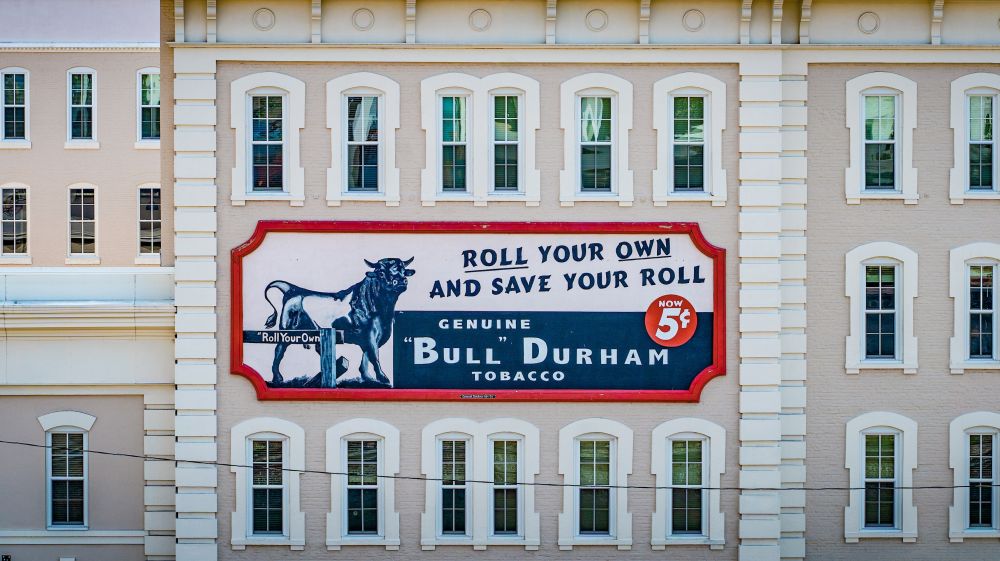 The bull sign sits front and center on The Old Bull Building in Durham, NC.