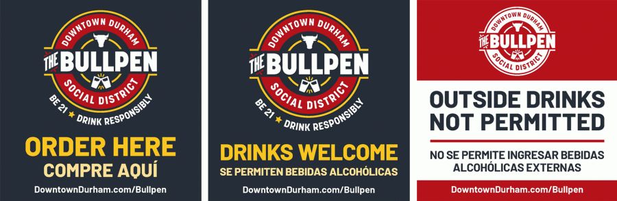 Window clings indicating participating and non-participating businesses in Durham's social district, The Bullpen.