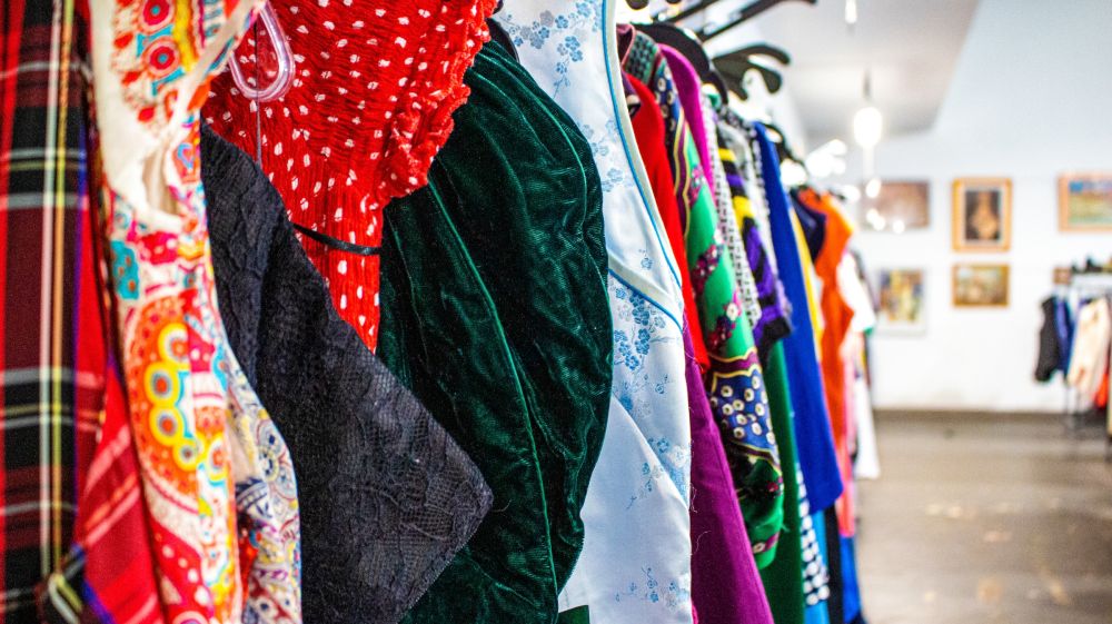 Clothing for sale at Scrap Exchange Thrift Store in Durham's Lakewood Shopping Center.