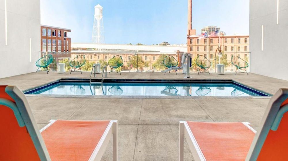 The indoor pool at the Aloft Hotel in downtown Durham