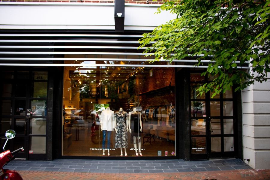 Storefront of downtown Durham boutique and B corp dedicated to mindful sourcing and sustainable practices.